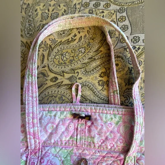Large Vera Bradley Tote Green & Pink Floral with Green Leopard 🐆 Print - Picture 4 of 13